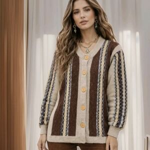 VTG Cardigan Sweater Brown Striped Button Up Knit Boho Retro 70s Womens Sz S